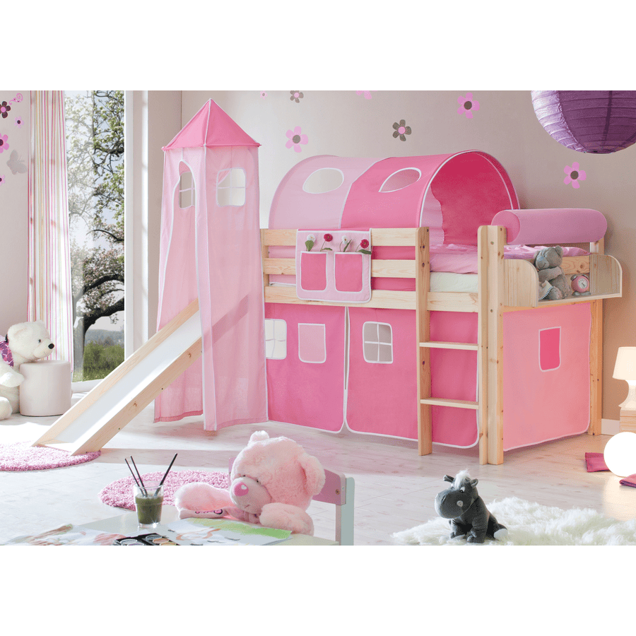 TiCAA Lit toboggan mezzanine enfant Kasper pin naturel rose/rose vif, tour 90x200 cm