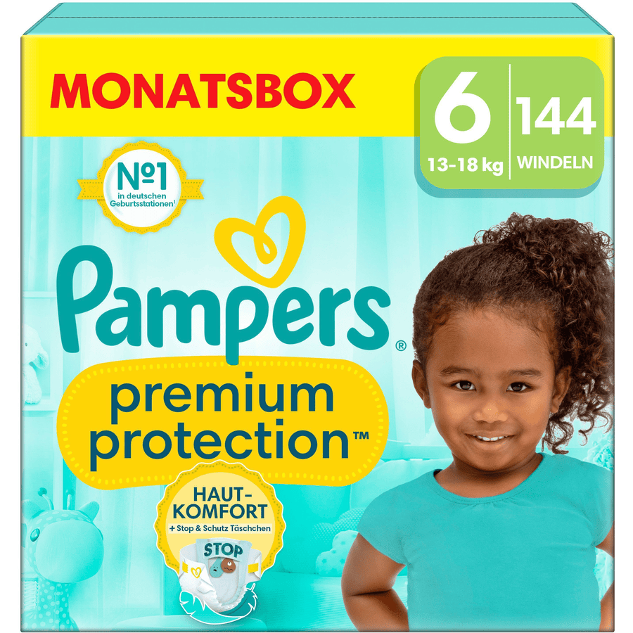 Pampers Premium Protection , størrelse 6 Extra Large , 13kg+, månedlig kasse (1x 144 bleer)