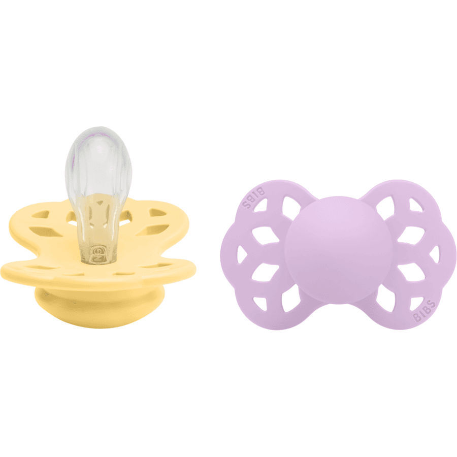 BIBS® Soother Infinity symmetrische speen 0-6 maanden Pale Butter/Violet Sky 2 stuks.