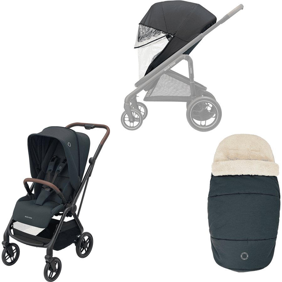 MAXI COSI Kinderwagen Set Leona 2 Essential Graphite & MAXI COSI 2 in 1 Winterfußsack Essential Graphite & MAXI COSI Komfort-Regenverdeck schwarz