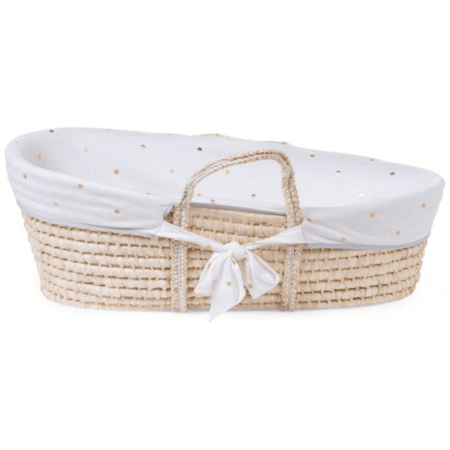CHILDHOME Moseskorb aus Maisblatt inkl. Matratze und Bezug Gold Dots