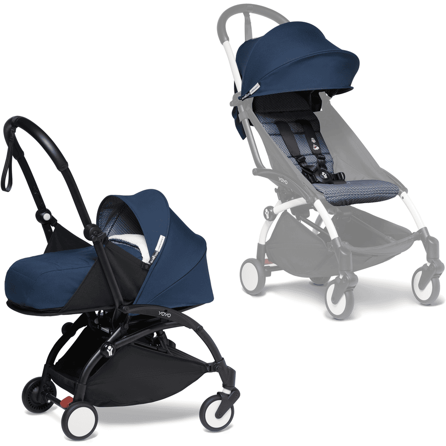 BABYZEN Kinderwagen YOYO2 0+ Black mit Neugeborenenaufsatz inkl. Gratis Textilset Air France Blue