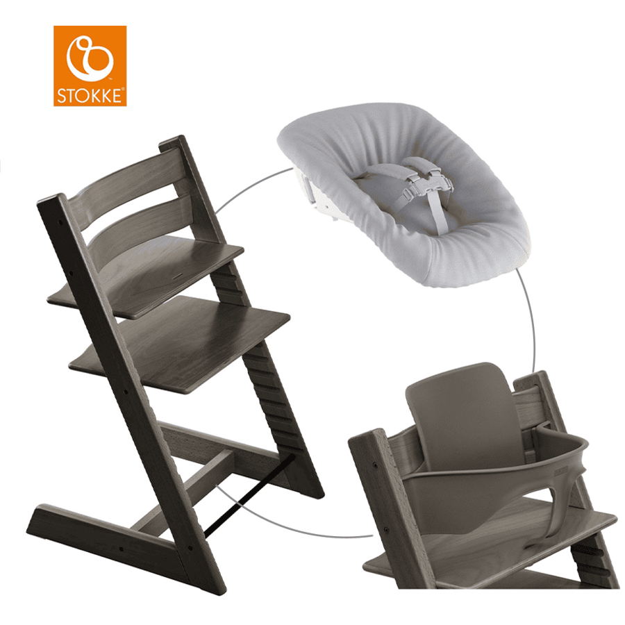 STOKKE® Mega Tripp Trapp® Set Hochstuhl Buche Hazy Grey inkl. Newborn Set™ Grey und Baby Set Hazy Grey 
