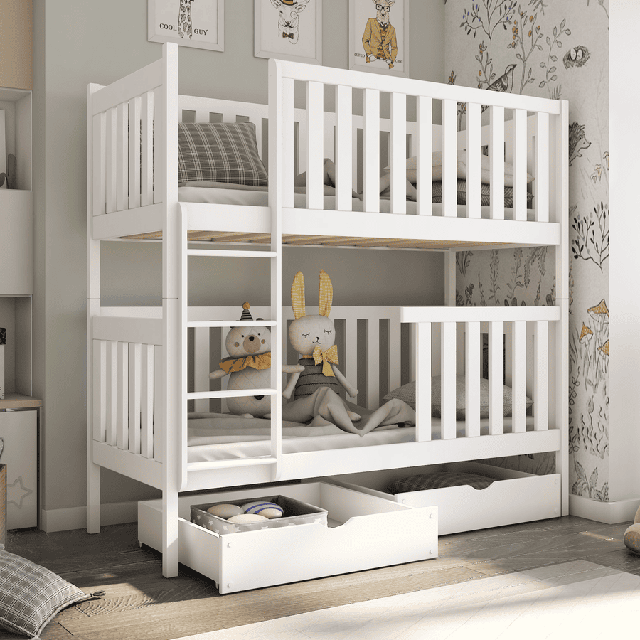 Kids Collective Hochbett 80x180 | 90x200 Etagenbett umbaubar in 2 Einzelbetten, Schubladen weiß