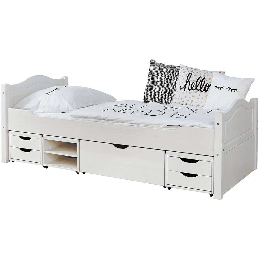 TiCAA Lit simple enfant avec tiroirs de rangement Leni pin blanc, 4 tiroirs 90x200 cm