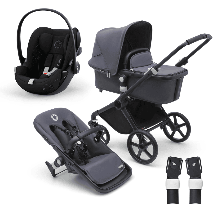 bugaboo Kinderwagen mit Liegeaufsatz und Sitz Black/Stormy Blue inkl. cybex GOLD Babyschale Cloud G i-Size Moon Black und Adapter