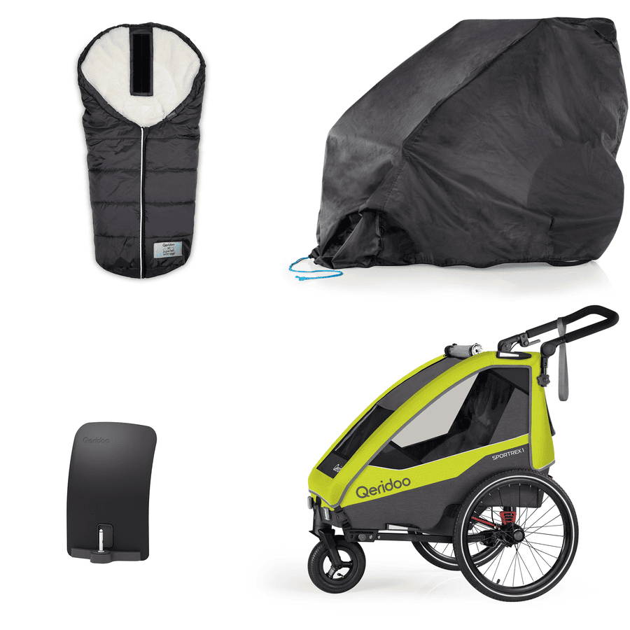 Limited Green Qeridoo® børnecykelanhænger Sportrex1 Edition Lime Collection 2023 inkl. stænklap, sammenklappelig garage og fodpose