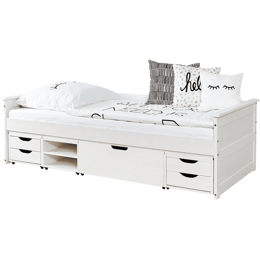 TiCAA Divano letto Theodor 90 x 200 cm bianco pino con 4 cassetti funzionali aden 