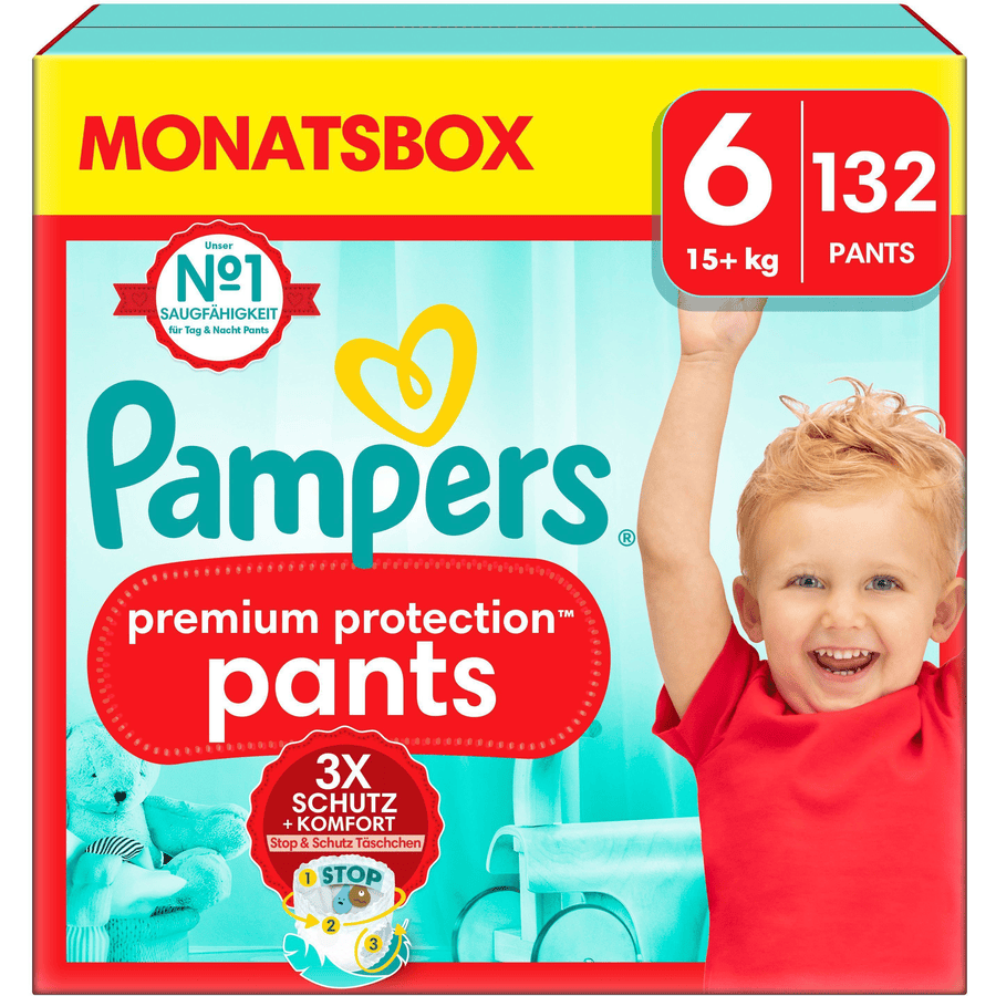 Pampers Premium Protection Pants, koko 6, 15kg+, kuukausipakkaus (1x 132 vaippaa).