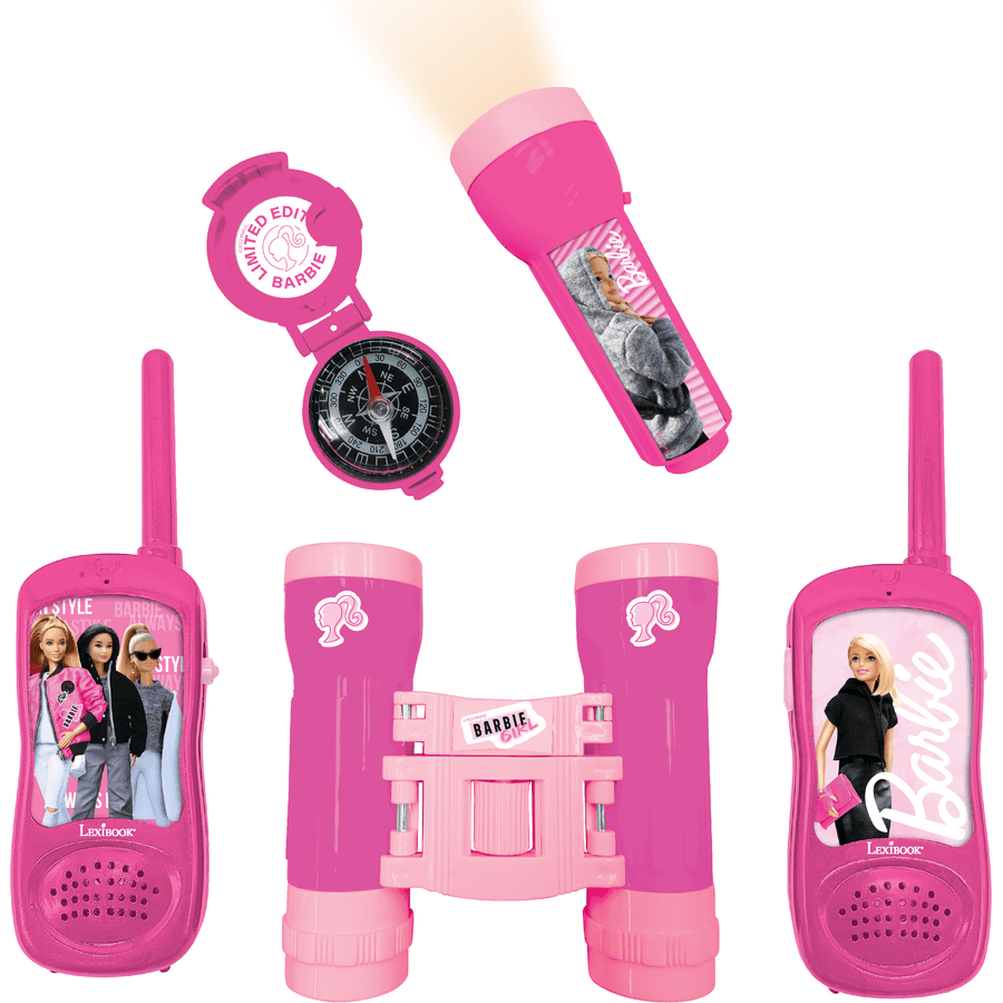 LEXIBOOK Barbie Abenteuerset mit 2  Walkie-Talkies bis zu 120m, Fernglas, Taschenlampe und Kompass