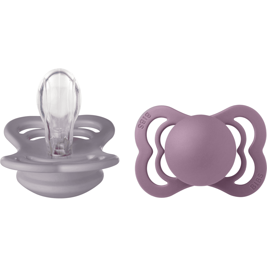 BIBS® Sucettes Supreme Fossil Grey &amp; Mauve Silicone 0-6 mois, 2 pcs.