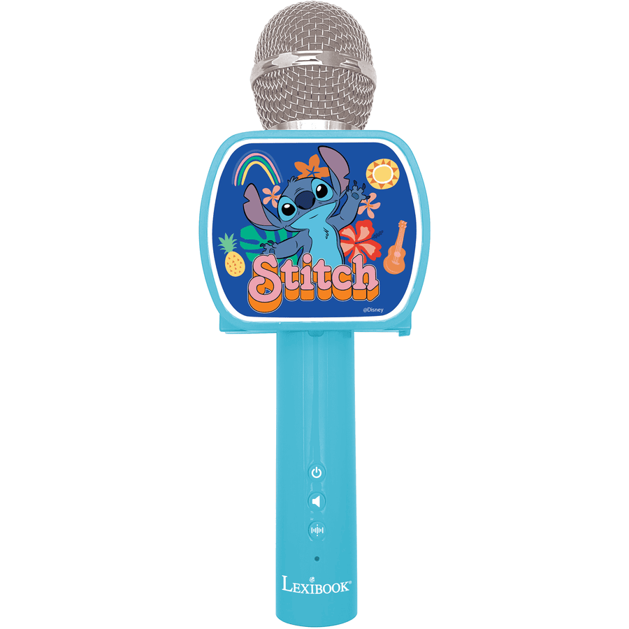 LEXIBOOK Smartphone Disney Stitch Bluetooth® -karaokemikrofoni, jossa on sisäänrakennettu kaiutin ja jalusta.