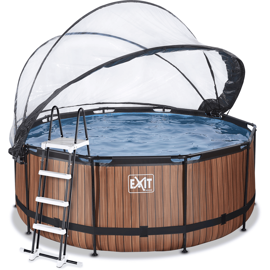 EXIT Wood Pool ø360x122cm med lock, Sand filter- och värmepump, brun