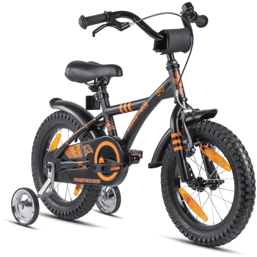 PROMETHEUS BICYCLES® Bici per bambini 14 pollici, nero opaco/arancione