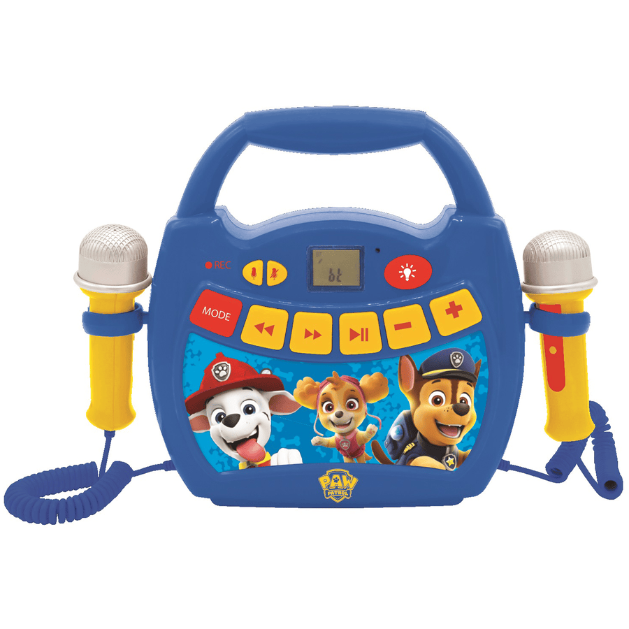 LEXIBOOK Paw Patrol - My First digital er Karaoke Player con dos micrófonos, efectos de luz LED, Bluetooth y batería recargable 