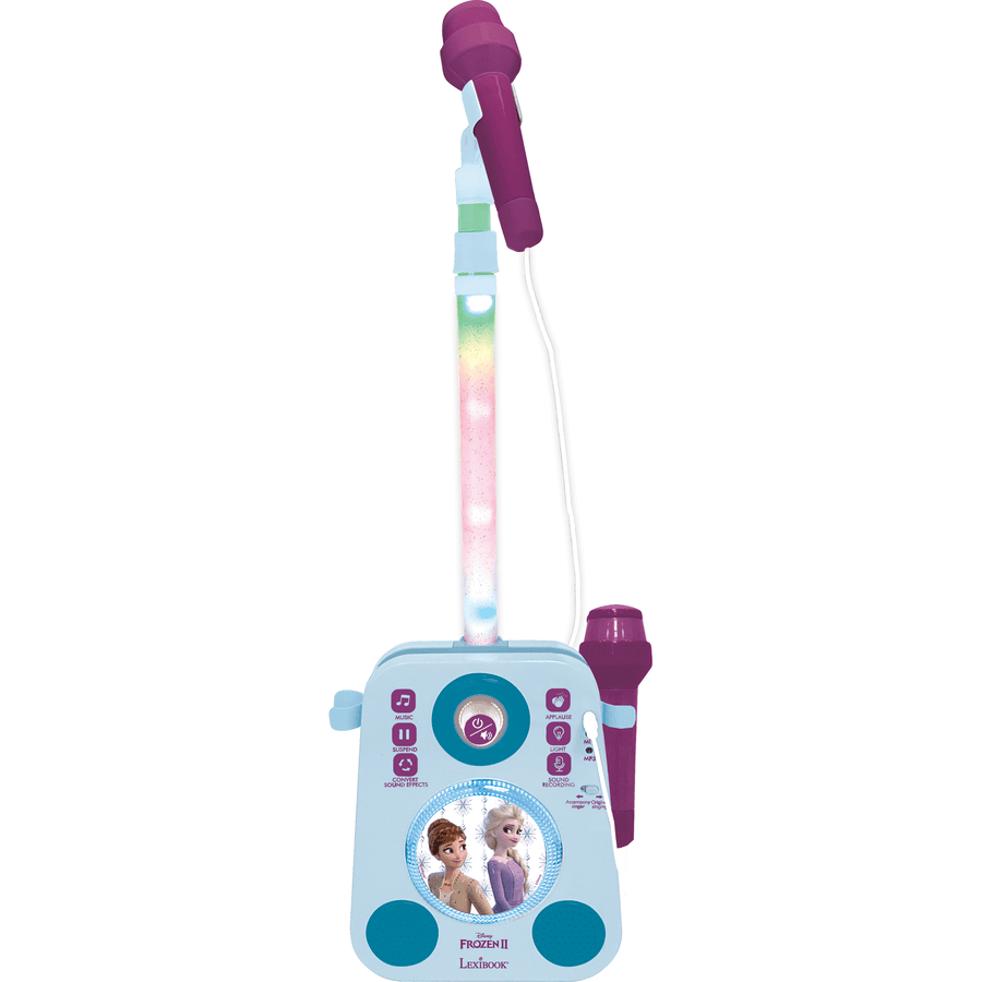 LEXIBOOK Disney Frozen karaokekoppi, jossa on kaksi mikrofonia sekä valo- ja ääniefektejä.