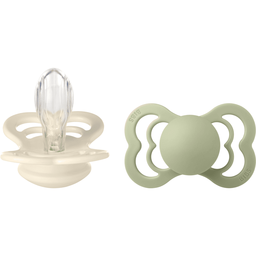 BIBS® Fopspeen Supreme Ivory &amp; Sage silicone 6-36 maanden, 2 stuks.