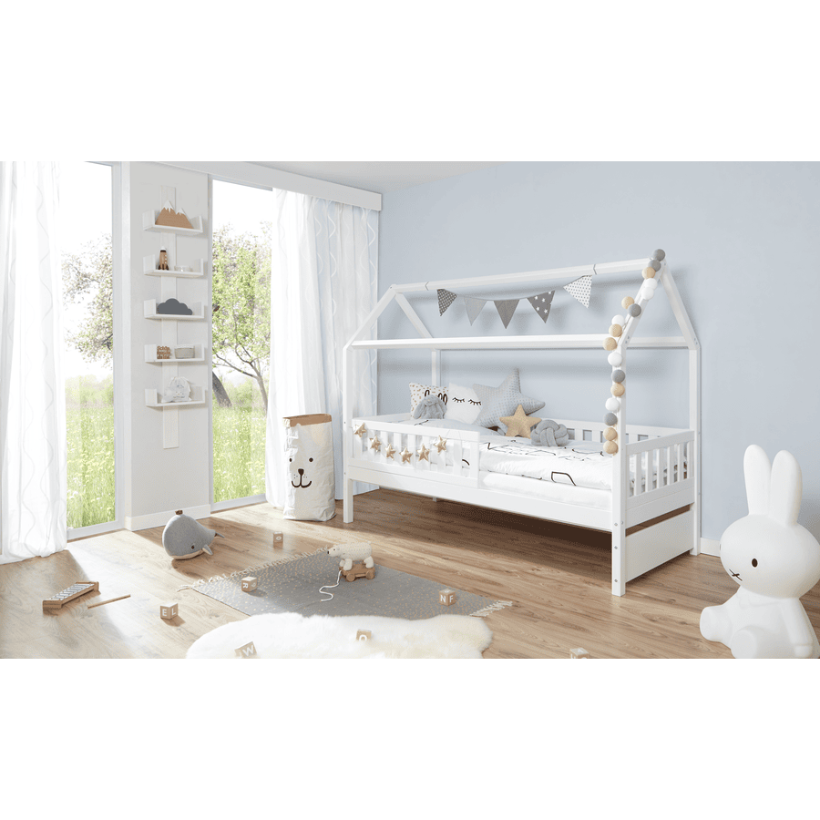 TiCAA Letto singolo Leni 90 x 200 cm in pino bianco con 5 cassetti