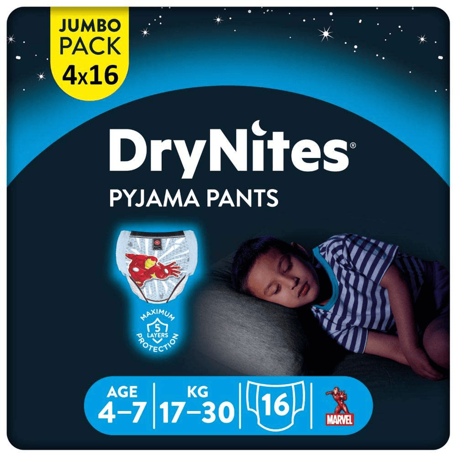 Huggies DryNites pyjamasbukser til engangsbrug til drenge i Marvel Design 4-7 år jumbopakke 4 x 16