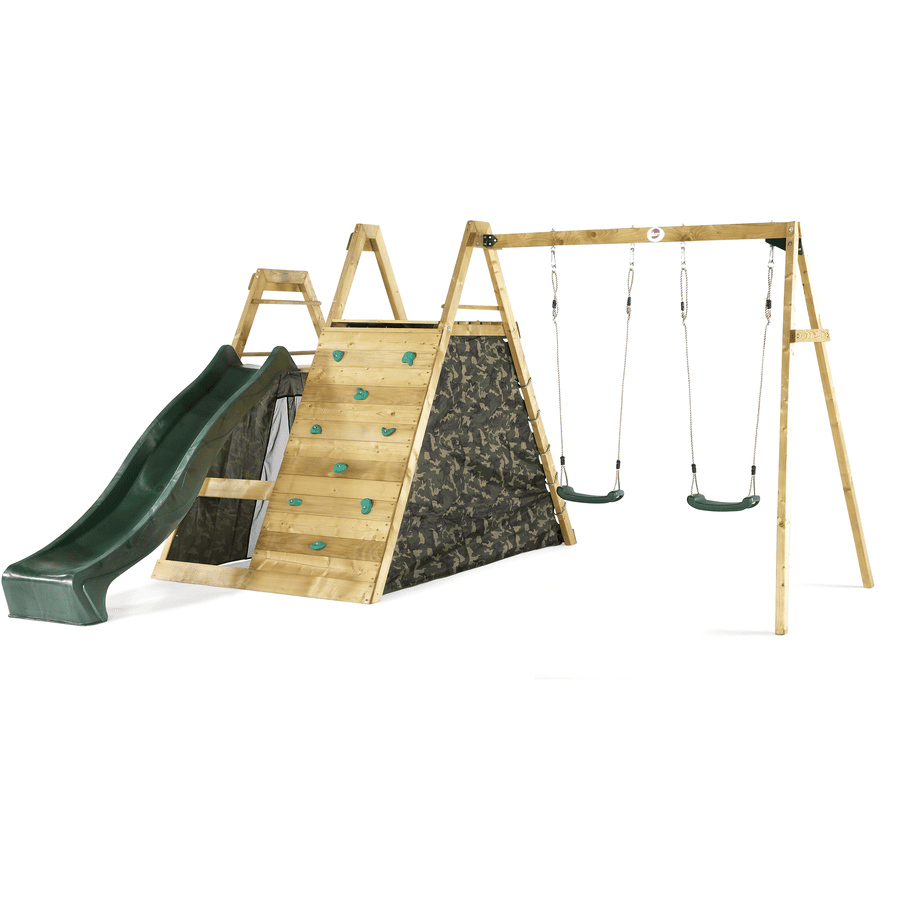 plum® Aire de jeu enfant escalade pyramide double balançoire bois