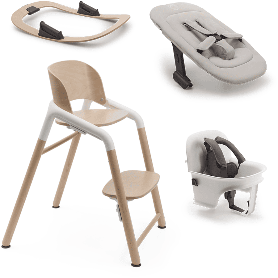 bugaboo Kinderstoel Giraffe onderstel Neutraal Hout/ White met wipstoelframe, newbornset en babyset Giraffe