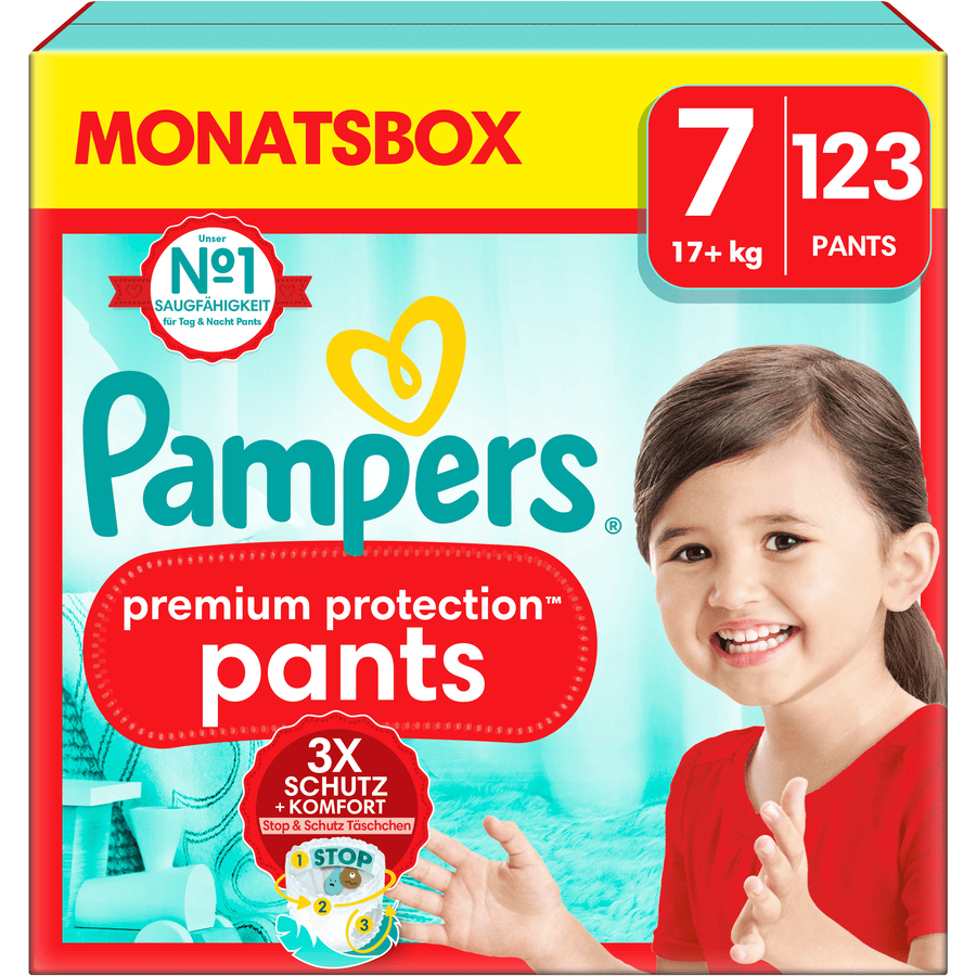 Pampers Premium Protection Pants, taglia 7, 17kg+, confezione mensile (1x 123 pannolini)