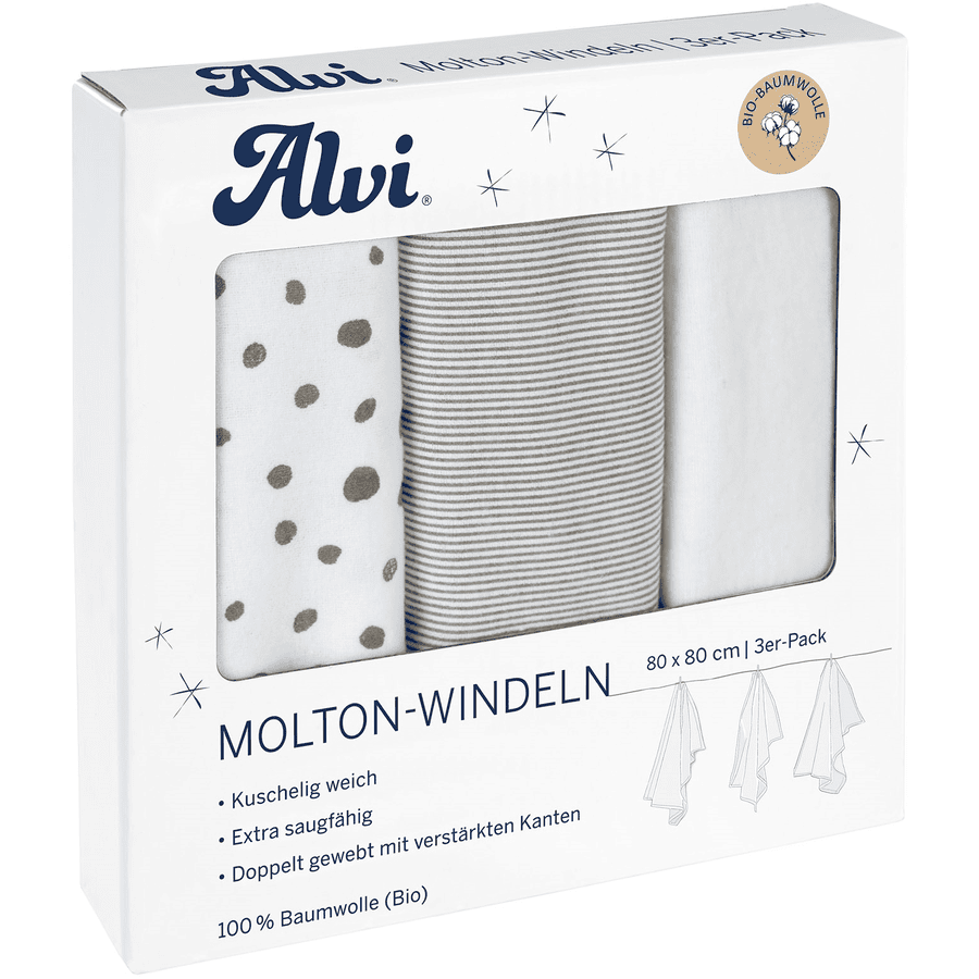 Alvi ® Molton luiers 3-pack Aqua Dot 80 x 80 cm
