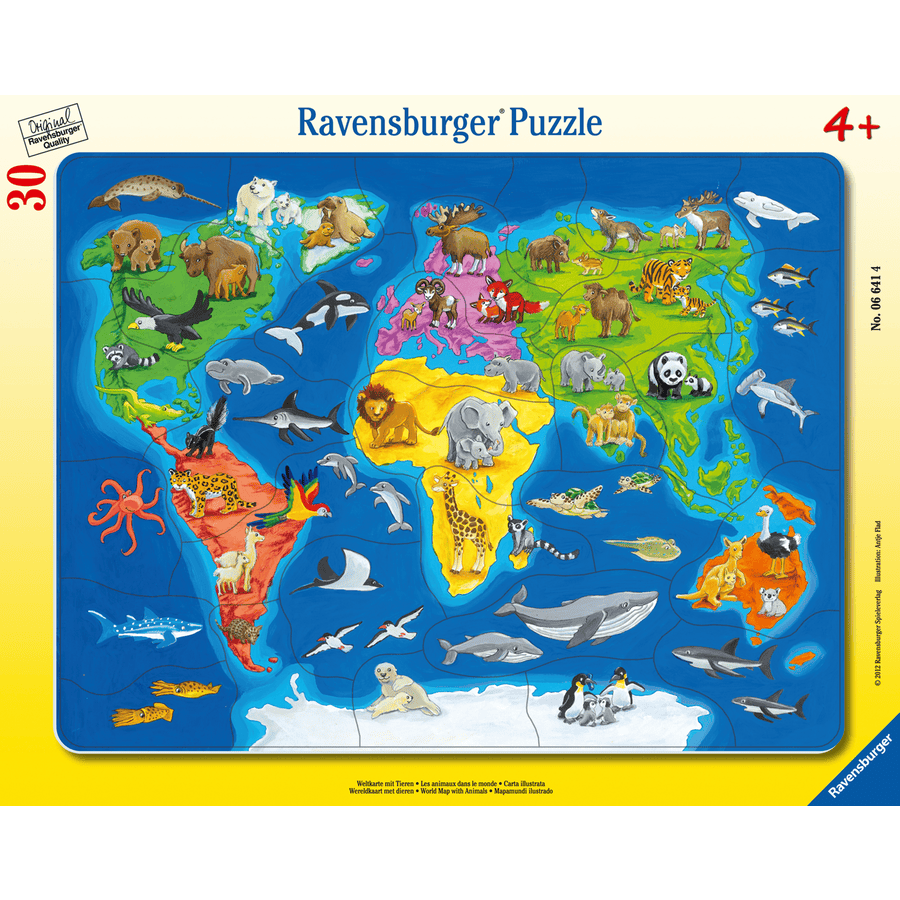 Ravensburger Rammepuslespill - Verdenskart med dyr 30 brikker