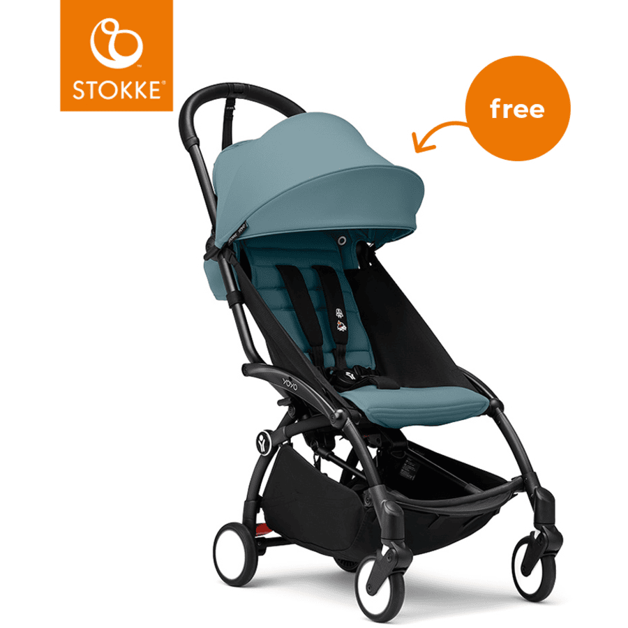 Stokke® Kinderwagen YOYO³ Gestell black inkl. 6+ Textilset Aqua