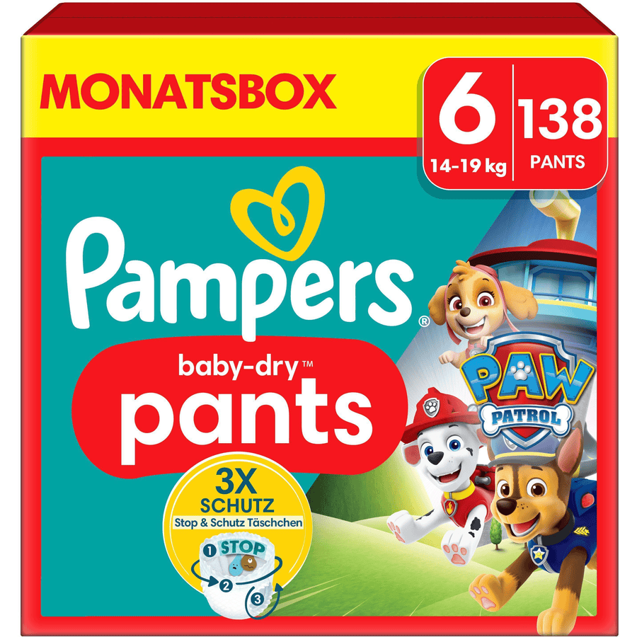 Pampers Couches culottes Baby-Dry Pants Pat Patrouille taille 6 extra large 14-19 kg pack mensuel 138 pièces