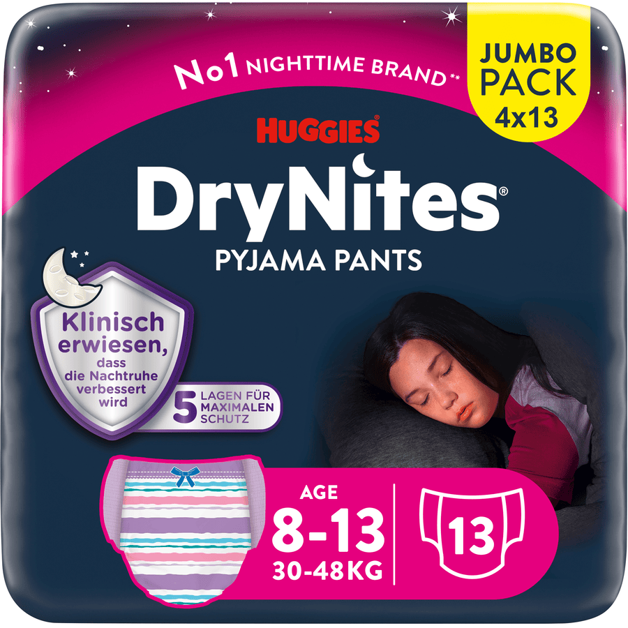 Huggies DryNites pyjamasbukser til engangsbrug piger 8-15 år jumbopakke 4 x 13