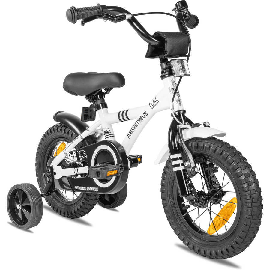 "PROMETHEUS BICYCLES ® Børnecykel 12 ""i hvid & sort fra 3 år med træningshjul"
