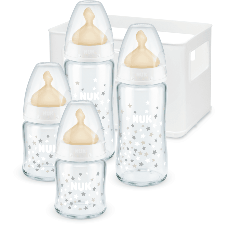 NUK Glasflaschen Starter Set First Choice⁺, Latexsauger ab der Geburt, Temperature Control Sterne 