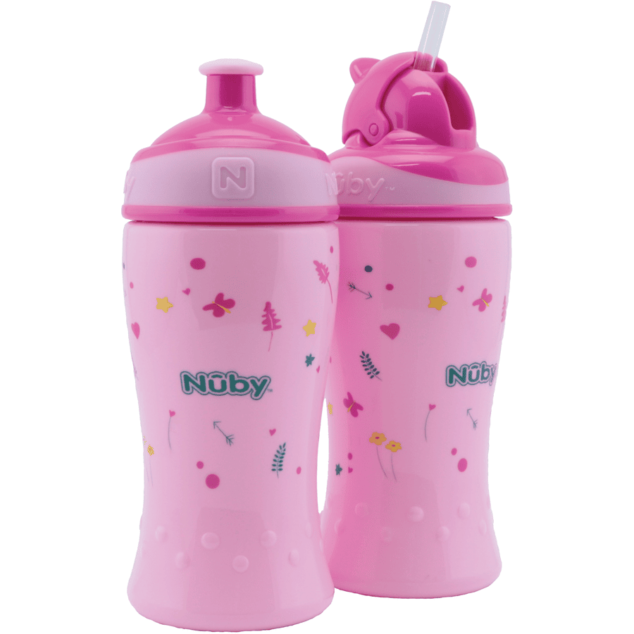 Nûby drikkeflaske med sugerør og drikkeflaske med Pop-Up lukning 360 ml combipack fra 18 måneder, pink