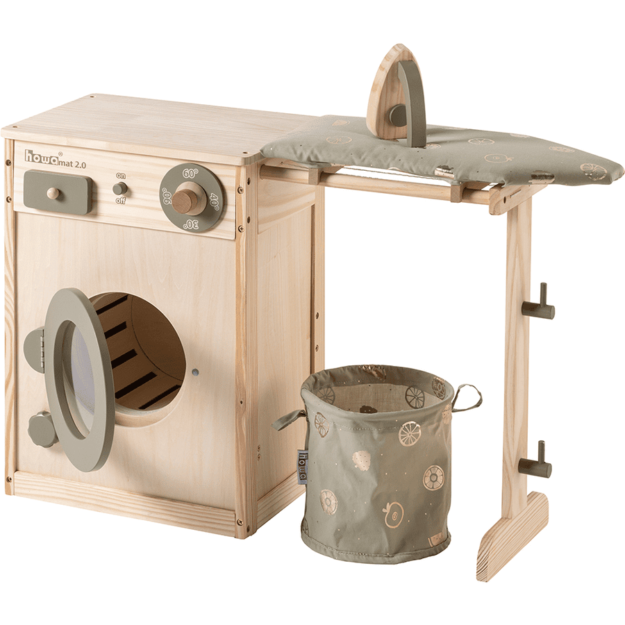 howa® Lavatrice in legno per bambini con stendibiancheria, asse da stiro, cesto per il bucato e ferro da stiro