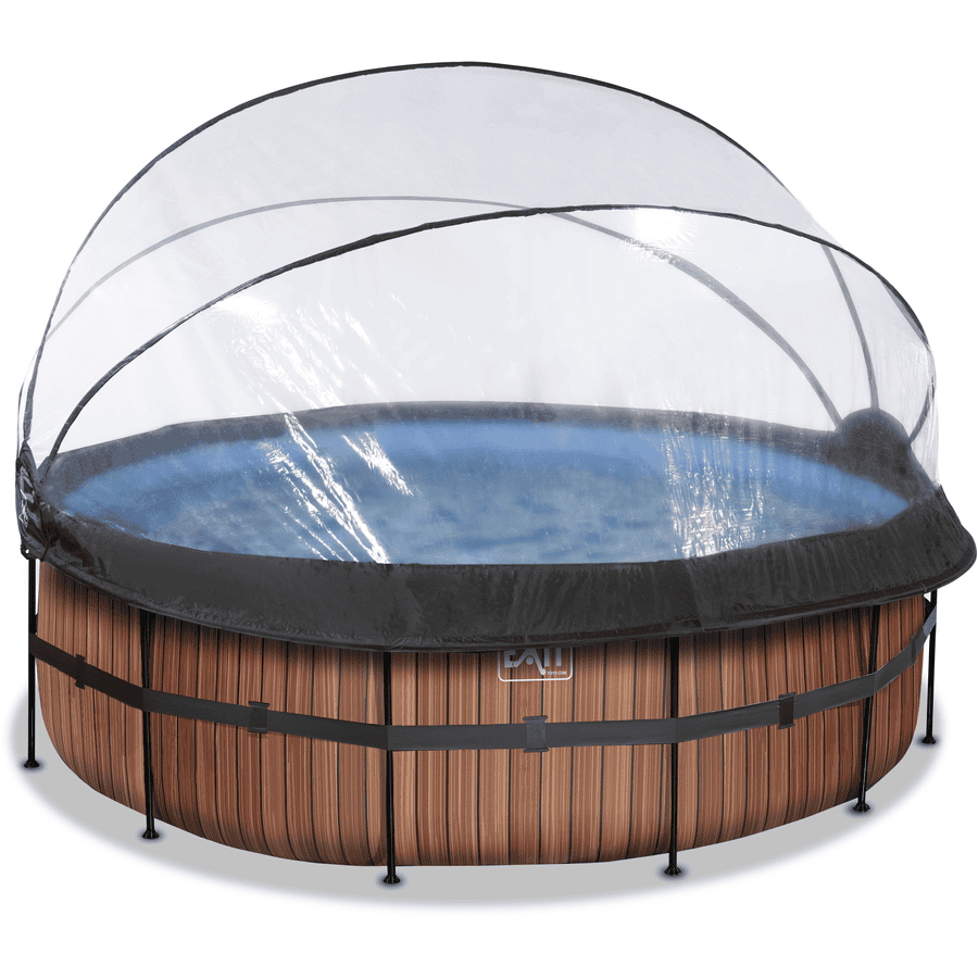 EXIT Frame Pool ø427x122cm (12v Sand filter) - trälook + solskydd