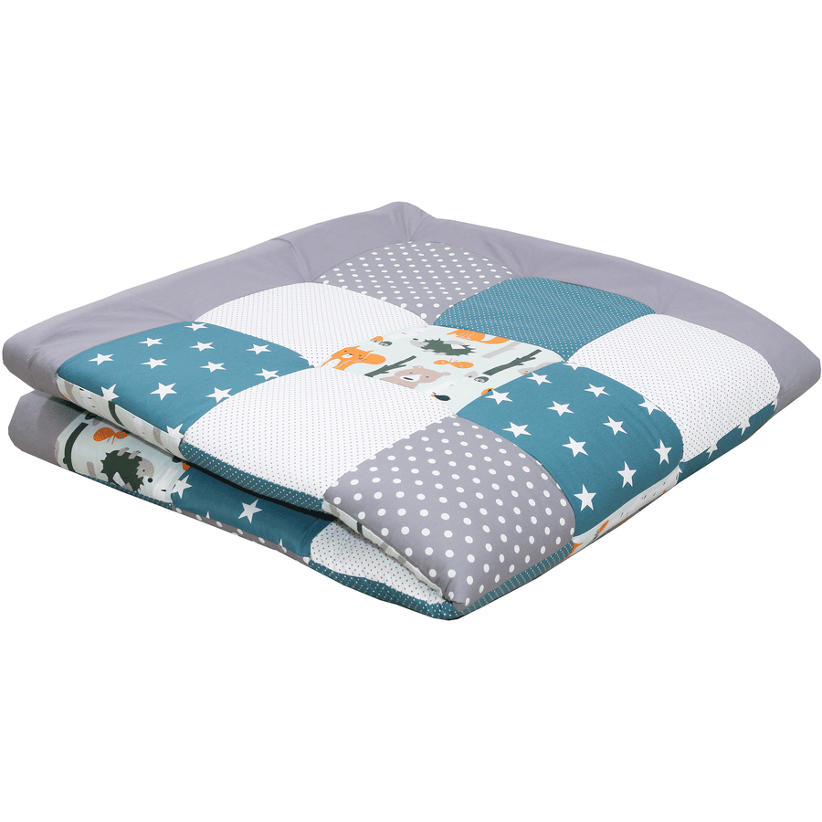 Ullenboom Couverture d'éveil matelas de parc bébé 140x140 cm animaux forêt bleu pétrole