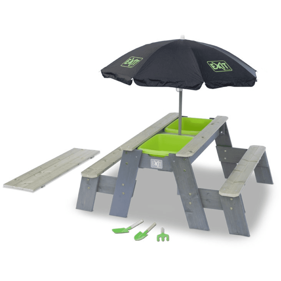 EXIT Aksent Tavolo da picnic, sabbia e acqua (2 panche) con ombrellone e attrezzi da giardino