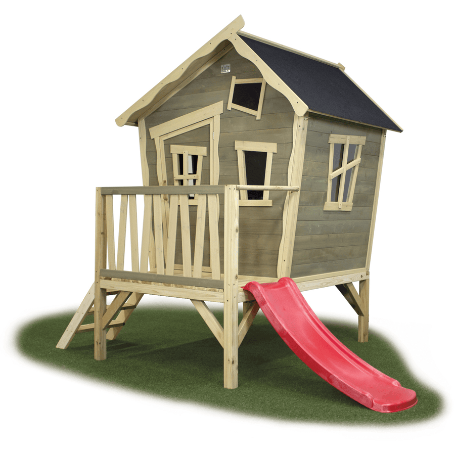 EXIT Maison cabane de jardin enfant avec toboggan Crooky 300, bois, grise