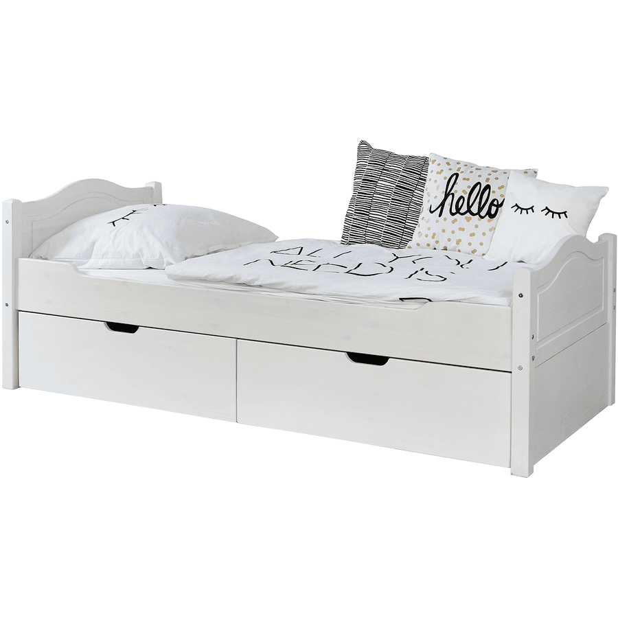 TiCAA Lit simple enfant avec tiroirs de rangement Leni pin blanc, 2 tiroirs 90x200 cm