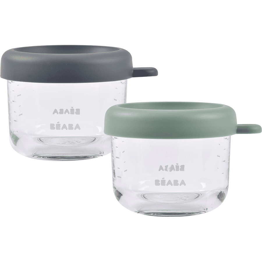 BEABA® Portion container set de 2 de vidrio, mineral / verde salvia