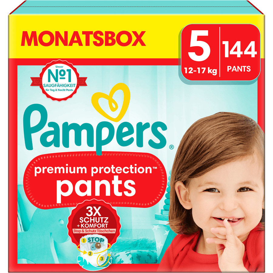 Pampers Premium Protection Pants, taglia 5, 12-17 kg, confezione mensile (1x 144 pannolini)