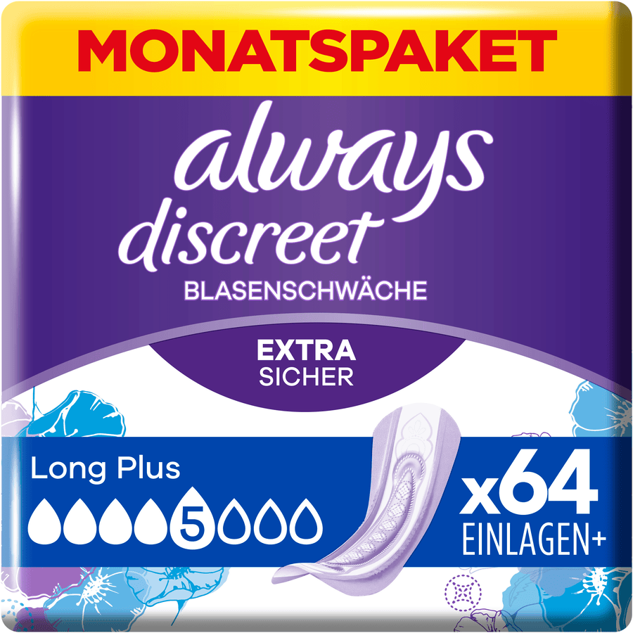 always discreet Serviettes de Protection pour fuites urinaires Long Plus pack mensuel 64 pièces (4x16 pièces)